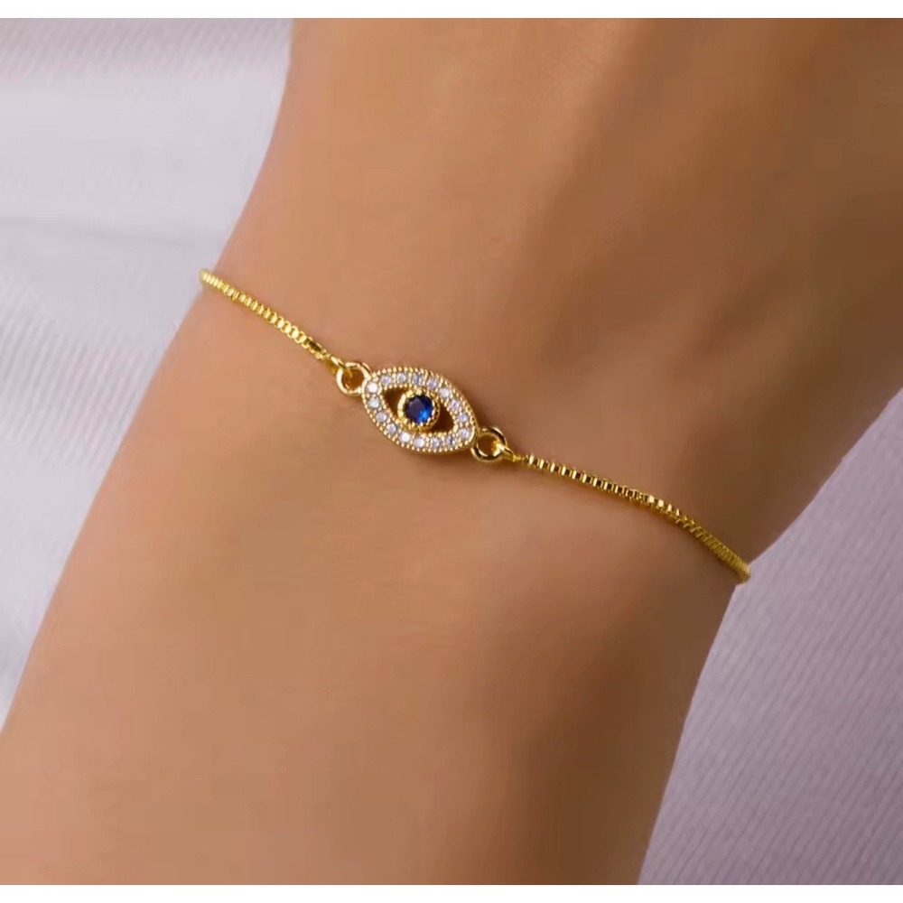 Evil Eye Adjustable Bolo Bracelet Gold Tone Blue Stone Cubic Zirconia Protection